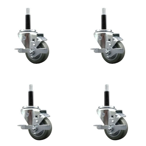 3'' Gray Poly Swivel 3/4'' Expanding Stem Caster Set with Brake, 4PK